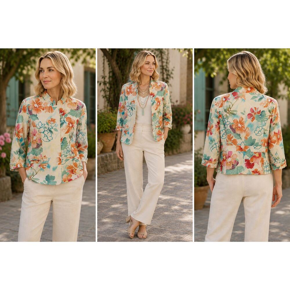 Coldwater Creek Floral Linen Blend Jacket Size 8 Cream Blazer Boho Chic